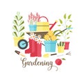 Decorative composition with tools and equipment for eco gardening, agricultural work, organic plants cultivation