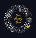 Decorative contour round garland on black backdrop. Ornate wreath with hearts, flowers and snowflakes. Design element with many cu