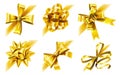 Decorative corner bow. Golden favor ribbon, yellow angle bows and luxury gold ribbons realistic 3D vector illustration