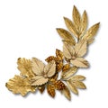Decorative corner element made of leaves with golden texture. 3d image