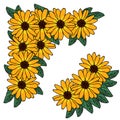 Decorative corner of yellow-orange flowers and small green leaves, cosmos border for decor invitations, cards, etc