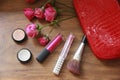 Decorative cosmetics, eye shadow, lipstick, makeup brushes