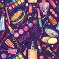 Decorative cosmetics, make up stuff collection in bright colors, hand painted watercolor illustration, seamless pattern