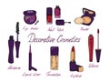 Decorative cosmetics red and purple colors collection, mascara, liquid liner, foundation, lipstick, glosses, powder, nail polish, Royalty Free Stock Photo