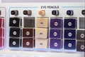 Decorative cosmetics samples, testers. Various eye pencils in a