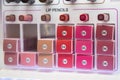 Decorative cosmetics samples, testers. Various lip pencils in a