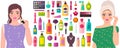 Decorative cosmetics tools a set of bottles and sprays. Beauty products collection and a cute girls Royalty Free Stock Photo