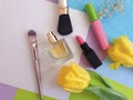 Decorative cosmetics, tulip flower   fashion   perfume  on a colored background Royalty Free Stock Photo