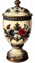 Decorative Covered Urn with Floral Pattern Against a White Background Artwork Painting Royalty Free Stock Photo