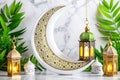 Decorative Crescent Moon with Lantern, Festive Ramadan Display, Marble Background Royalty Free Stock Photo