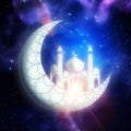 Crescent moon with mosque and stars