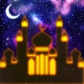 Crescent moon with mosque and stars