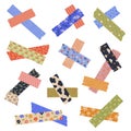 Decorative crossed tape. Sticky torn paper labels with adhesive stripes, ripped paper stickers for scrapbook and