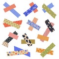 Decorative crossed tape. Sticky torn paper labels with adhesive stripes, ripped paper stickers for scrapbook and packaging,