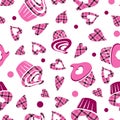 Decorative cupcakes and hearts with pink buffalo plaid background on seamless pattern