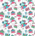 Decorative cute post mail pattern. Seamless background with lovely doodle letters, envelopes, wings and hearts.