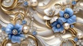 Luxurious Floral Pattern with Blue Flowers, Pearls, and Diamonds on Gold Swirls Royalty Free Stock Photo