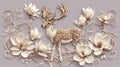 Elegant Deer and Magnolia Flowers Relief, Vintage Floral Art Royalty Free Stock Photo