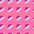 Decorative delicious seamless cupcake pattern. Blue basket with cream on pink bright background. Muffin backdrop