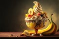 Decorative design of a banana split sundae