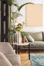 Decorative details of a living room with blue carpet, vases