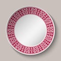 Decorative dish with red and white circular pattern. Empty Space for text in the center. Ornament in the style of ethnic porcelain