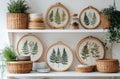 Decorative display of fern embroidery in rustic frames on a kitchen shelf with plants and dishes Royalty Free Stock Photo