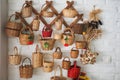 Decorative display of handmade woven baskets on a wall Royalty Free Stock Photo