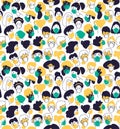 Decorative diverse women men wearing medical mask head seamless pattern background