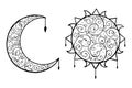 Decorative doodle, sun and moon with isolated vector illustration. Royalty Free Stock Photo