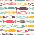 Decorative drawn pattern with fish. Seamless colorful vector background, baby fabric texture.