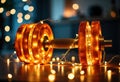 Decorative illuminated dumbbell with warm string lights on a reflective surface Royalty Free Stock Photo