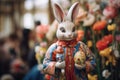A decorative Easter bunny statue dressed in a vibrant costume stands amidst a colorful field of blooming tulips. Royalty Free Stock Photo