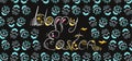 Decorative Easter composition hand drawn white font on black background. Funny doodle from bunny, eggs with flowers, leaves. Royalty Free Stock Photo