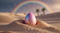 Decorative Easter Egg in Desert Rain with Rainbow in the Background Royalty Free Stock Photo