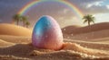 Decorative Easter Egg in Desert Rain with Rainbow in the Background Royalty Free Stock Photo