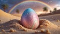 Decorative Easter Egg in Desert Rain with Rainbow in the Background Royalty Free Stock Photo