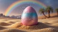 Decorative Easter Egg in Desert Rain with Rainbow in the Background Royalty Free Stock Photo