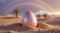 Decorative Easter Egg in Desert Rain with Rainbow in the Background Royalty Free Stock Photo