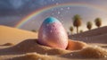 Decorative Easter Egg in Desert Rain with Rainbow in the Background Royalty Free Stock Photo