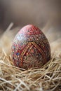 A decorative Easter egg with intricate patterns rests in a bed of straw, capturing the festive spirit and vibrant colors Royalty Free Stock Photo