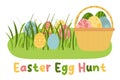 Decorative Easter eggs on green grass and basket, vector illustration. Easter Egg Hunt Royalty Free Stock Photo