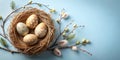 Decorative easter eggs nestled in a bird's nest with delicate spring branches. Generative AI Royalty Free Stock Photo
