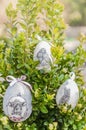 Decorative Easter eggs placed in boxwood branches