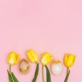 Decorative Easter eggs and spring yellow fresh flowers tulip on pink background with copy space. Happy Easter card. Royalty Free Stock Photo