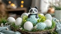 Decorative easter eggs with toy panda in festive holiday setting. Easter, Pascha, Paskha, Ostern, Pascua, Paques - Royalty Free Stock Photo