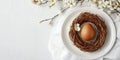Decorative egg nestled in natural twig nest with spring blossoms on white background Royalty Free Stock Photo