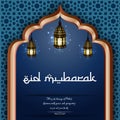 Decorative Eid mubarak background with shiny lanterns