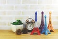 Decorative eiffel tower and different home decor related objects Royalty Free Stock Photo