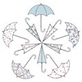 Decorative element of the pattern of umbrellas with different decor. Vector illustration.